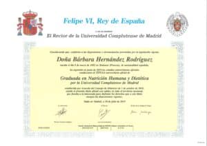 Certificado de graduación en Nutrición humana y dietética